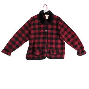Vtg 90s Tally-Ho Buffalo Plaid Fleece Jacket Women's L Faux Fur Collar Button Up
